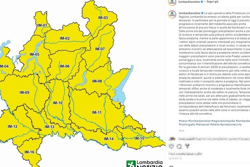La mappa dell'allerta meteo in Lombardia (Instagram Lombardia Notizie)