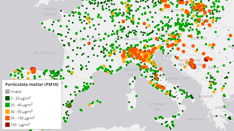 Concentrazione di PM10 in Italia ed Europa (dati del 29 gennaio 2024)