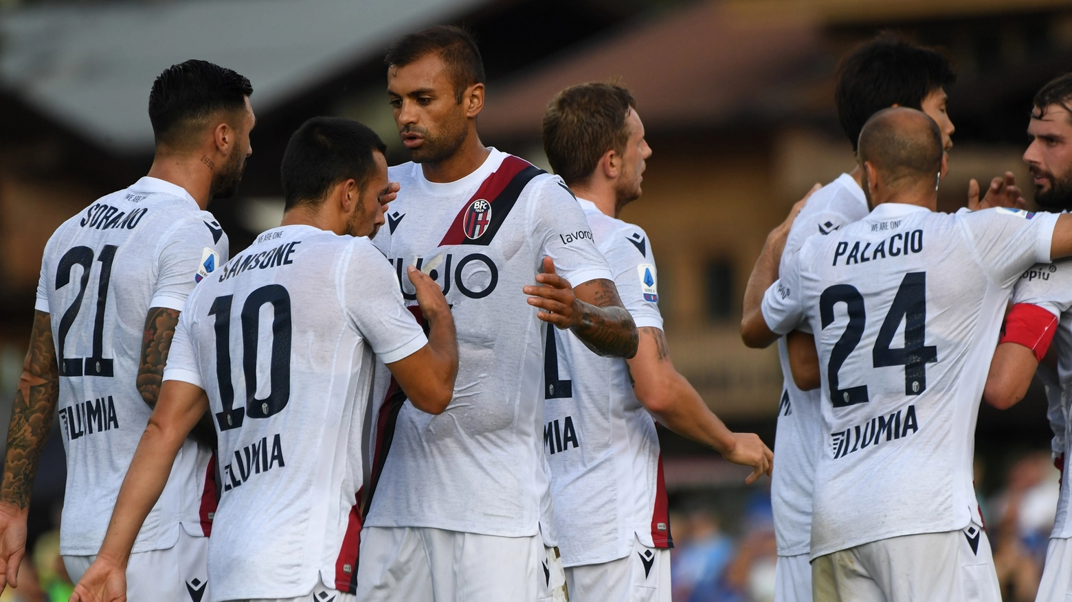 L'esultanza dei giocatori del Bologna (foto Schicchi)