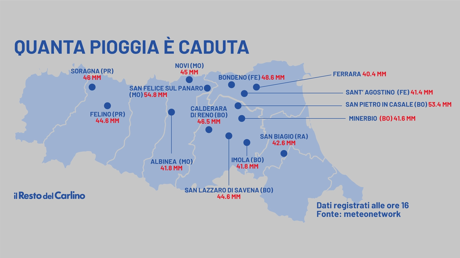Le zone dell'Emilia Romagna più colpite dalla pioggia