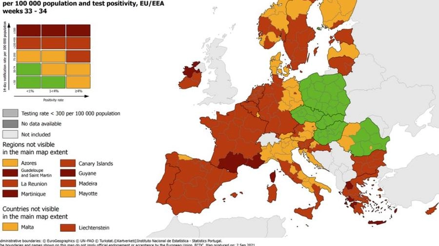 Ecdc, la nuova mappa del rischio Covid in Europa: 7 regioni italiane rosse