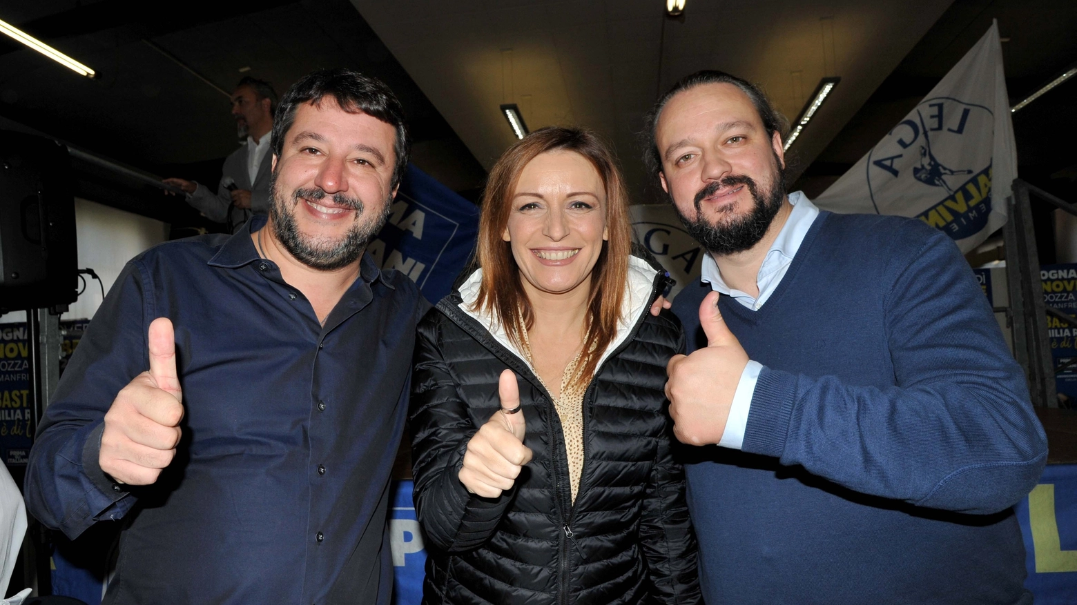 Da sinistra, Matteo Salvini, Lucia Borgonzoni e Alan Fabbri
