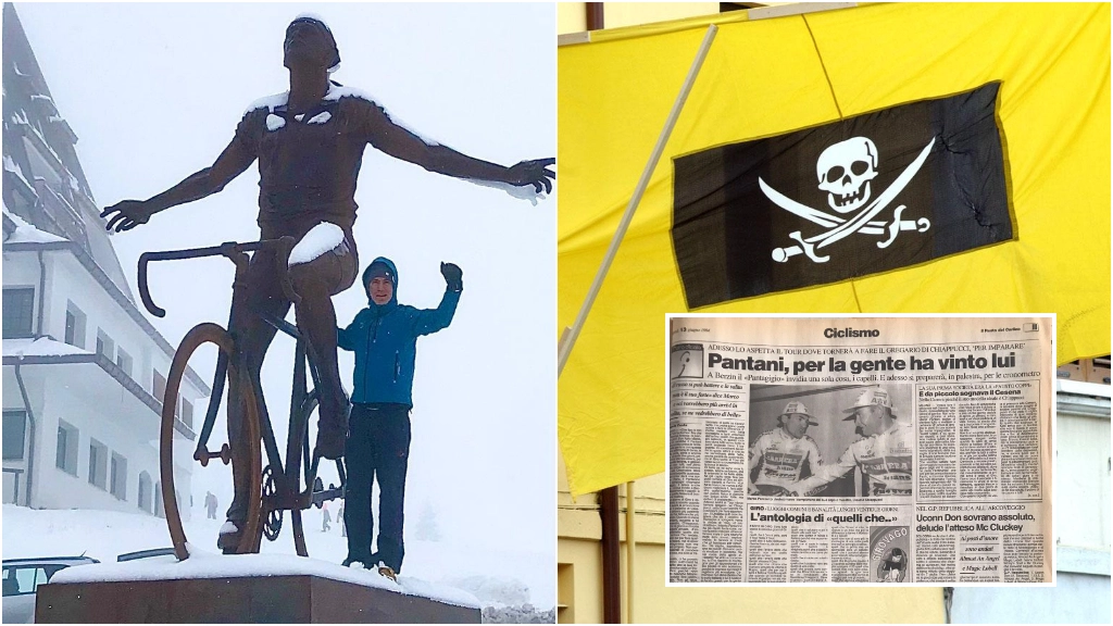 Corrado Tommasini vicino alla statua dedicata a Pantani a Monte Campione. Poi la bandiera del Pirata a Cesenatico e un articolo del Resto del Carlino del 1994
