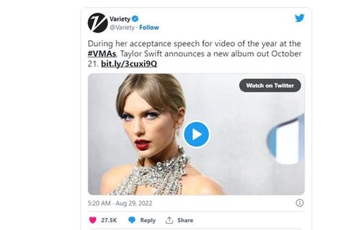Taylor Swift agli Mtv Music Video Awards (Twitter)