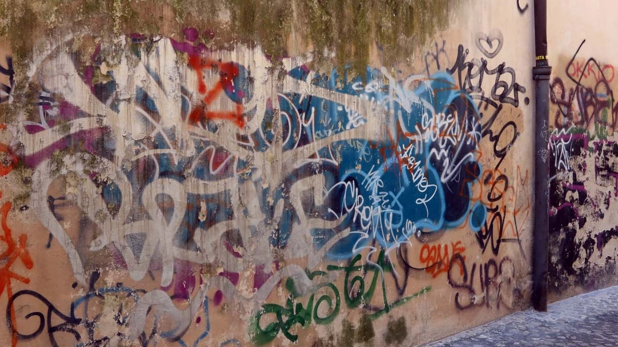 Ecco come è ridotta rua Pietro Dini tra tag e graffiti (foto La Bolognese)