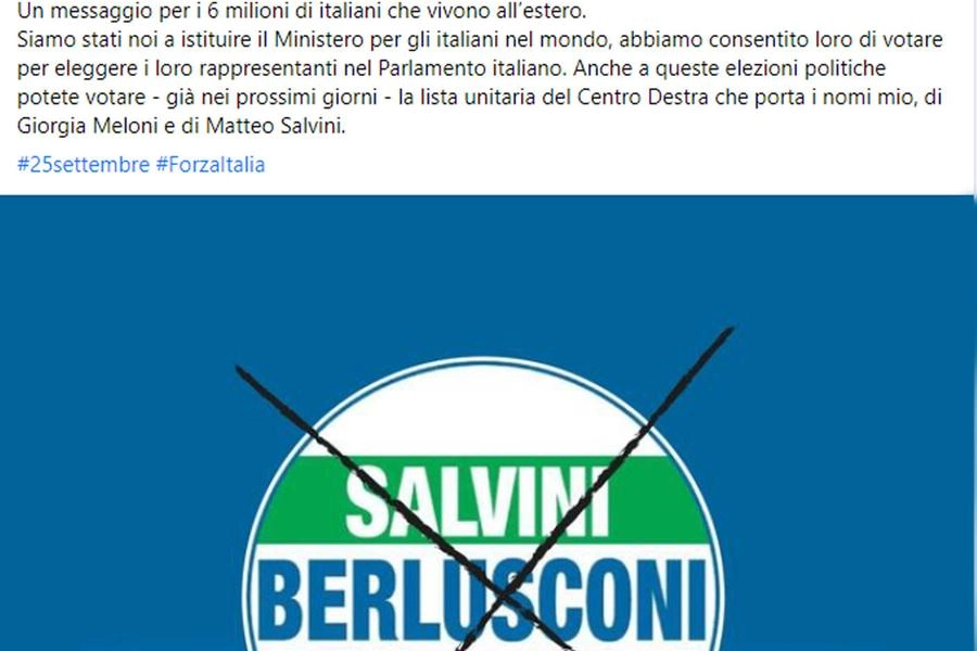 Il simbolo del centrodestra per l'estero postato da Berlusconi (Ansa)