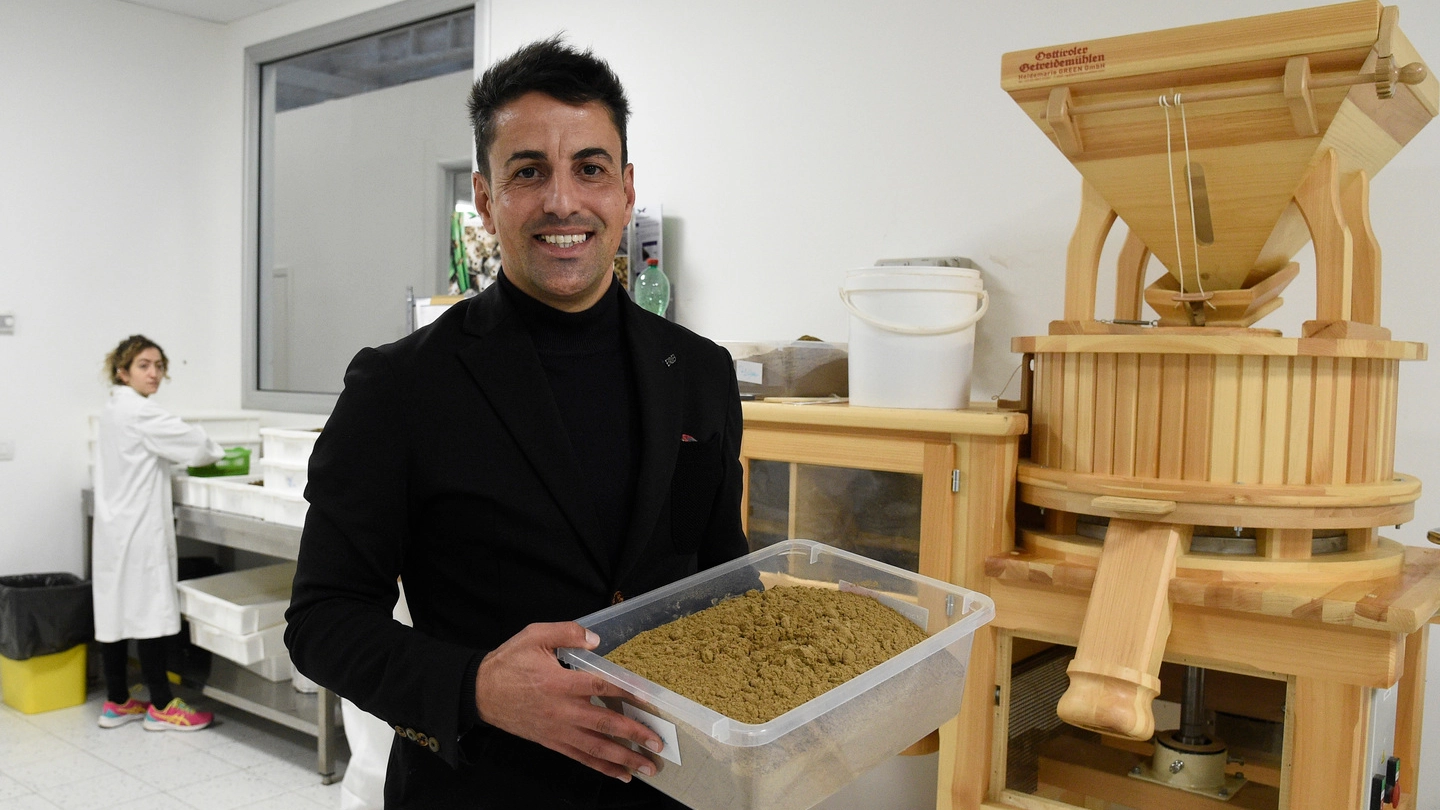 Josè Cianni, amministratore delegato della Nutrinsect di Montecassiano, mostra la farina di grilli prodotta dalla sua azienda (foto Calavita)