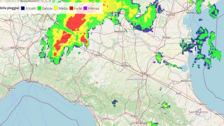Temporali oggi in Emilia Romagna: la mappa del radar meteo (Arpae, Openstreetmap)