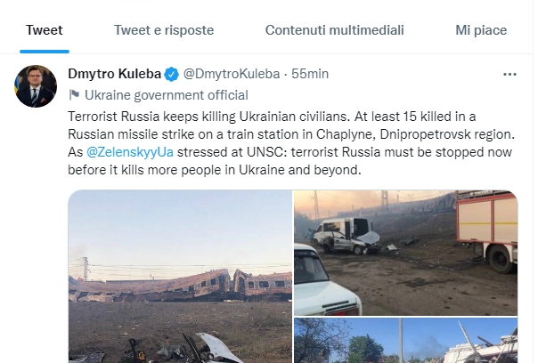 Il post su Twitter del ministro ucraino Kuleba