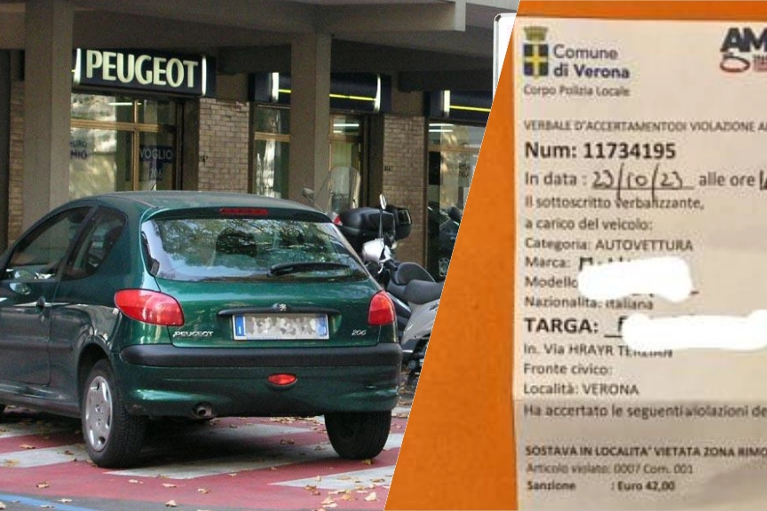 Sosta selvaggia: uno dei verbali fasulli trovati sul parabrezza di un'auto a Verona