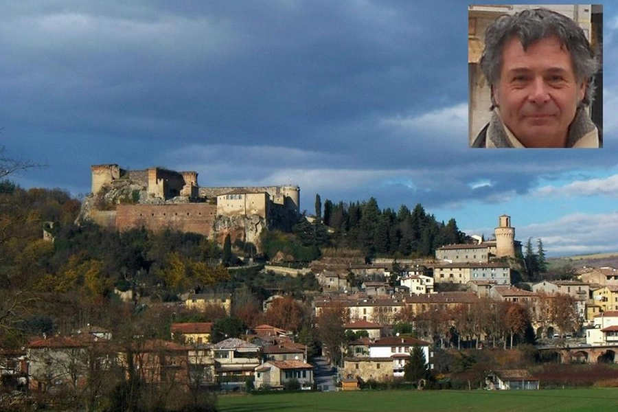 Un'immagine del comune di Castrocaro Terme, nel riquadro il vicesindaco William Sanzani