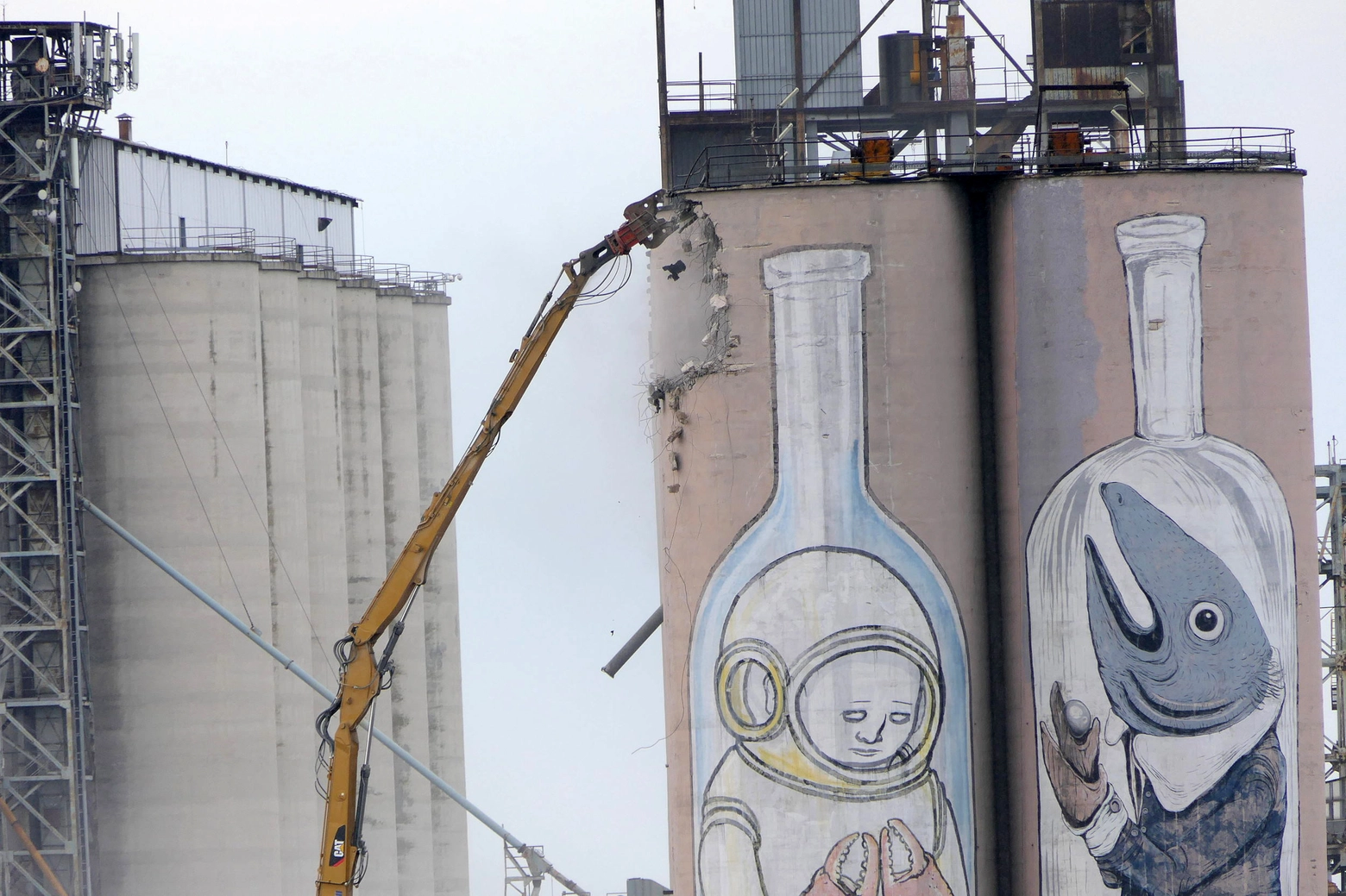 L'abbattimento dei silos con le opere di Blu ed Ericailcane (foto Emma)