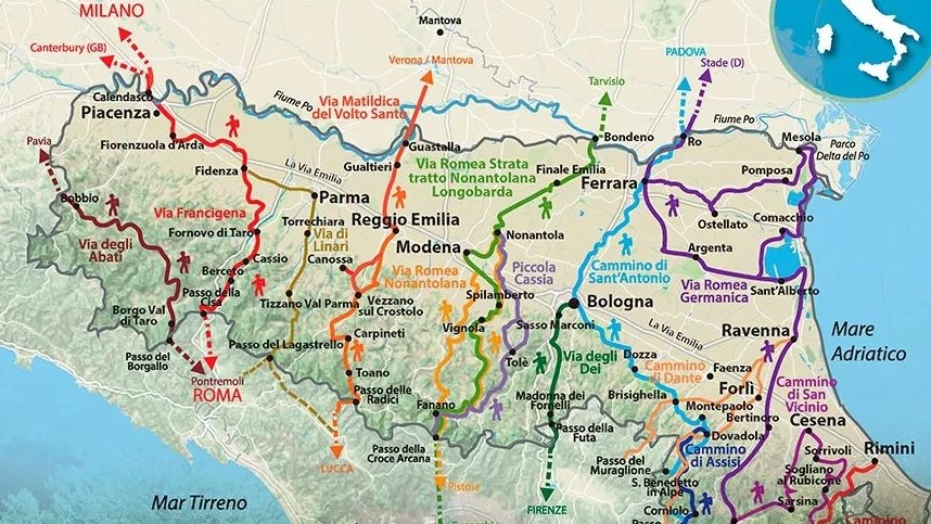 La mappa delle vie dei pellegrini che attraversano la regione