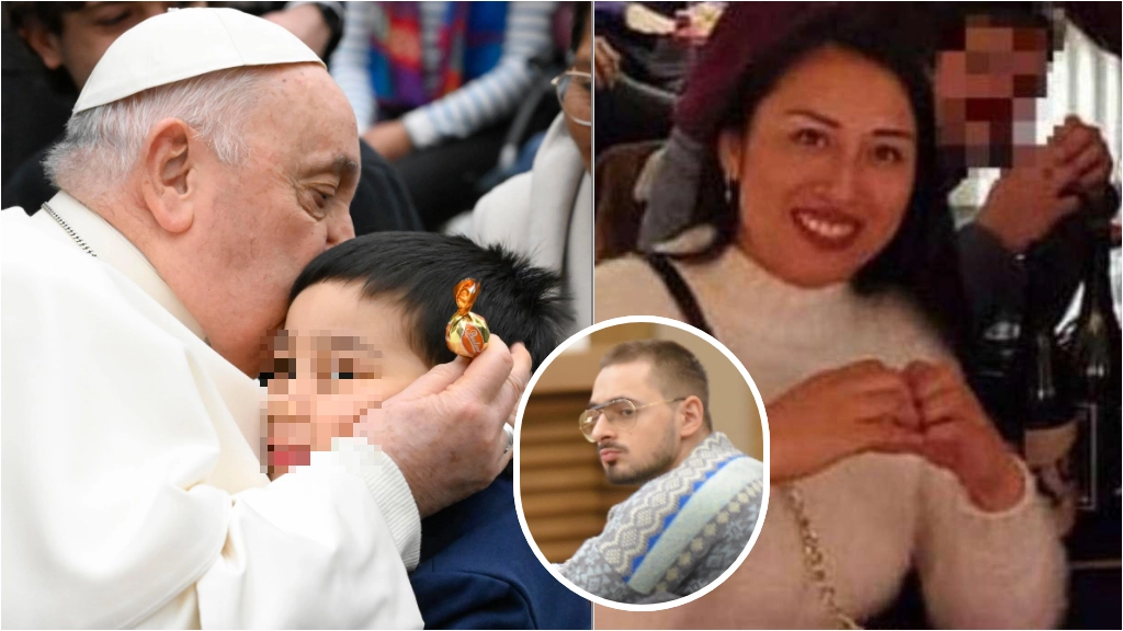 L'abbraccio del Papa al piccolo Alessandro (cui ha regalato una caramella), a destra, mamma Cecilia uccisa dal compagno Mirko Genco (nel tondo)