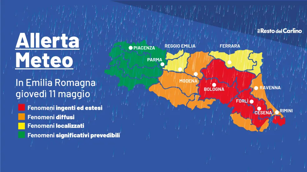 La mappa dell'allerta meteo in Emilia Romagna