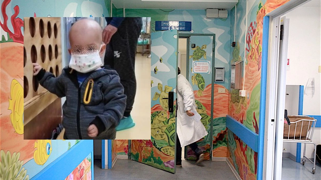 L'ospedale Salesi, nel riquadro il piccolo Mathias