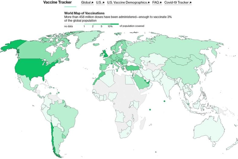 La mappa mondiale delle vaccinazioni (Bloomberg.com)