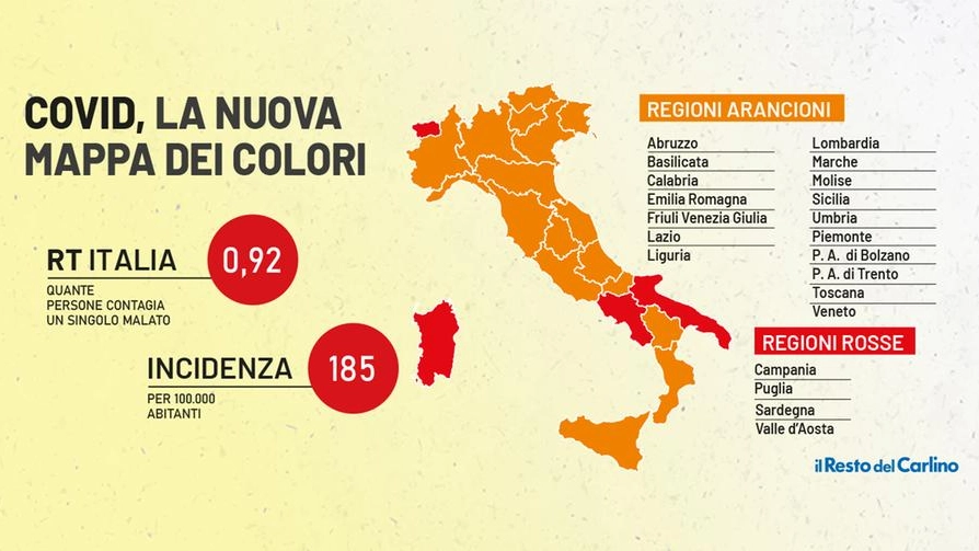 Zona arancione e rossa: la mappa del Covid con i nuovi colori delle regioni