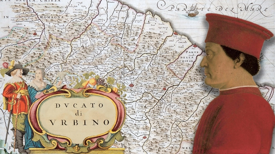 Il duca Federico con una mappa del Ducato di Urbino