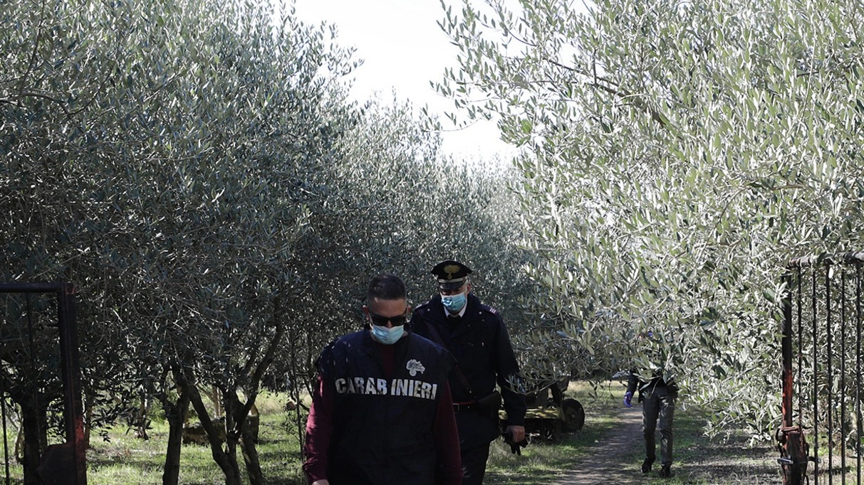 I carabinieri escono dal podere dopo avere liberato la donna e arrestato il compagno viole