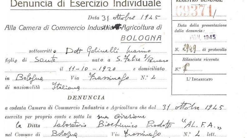 L’atto del 31 ottobre 1945 per il laboratorio biochimico Al.Fa. di Marino Golinelli