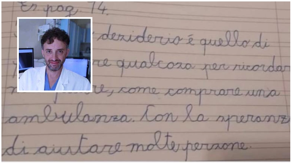 Il tema scolastico scritto dal figlio di otto anni del dottor Antonio Vilardi (nel tondo), in cui propone di ricordare suo padre con la donazione di un’ambulanza