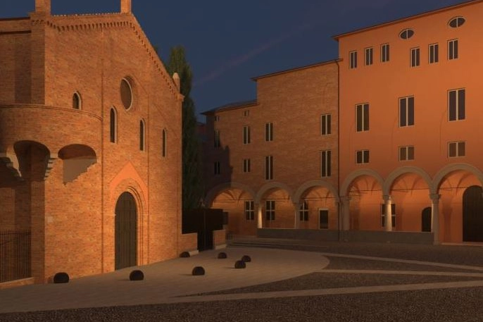 Un rendering, a sinistra, di come diventerà l’illuminazione di piazza Santo Stefano