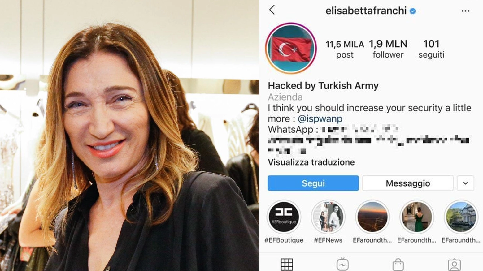 La stilista Elisabetta Franchi e il suo profilo instagram hackerato
