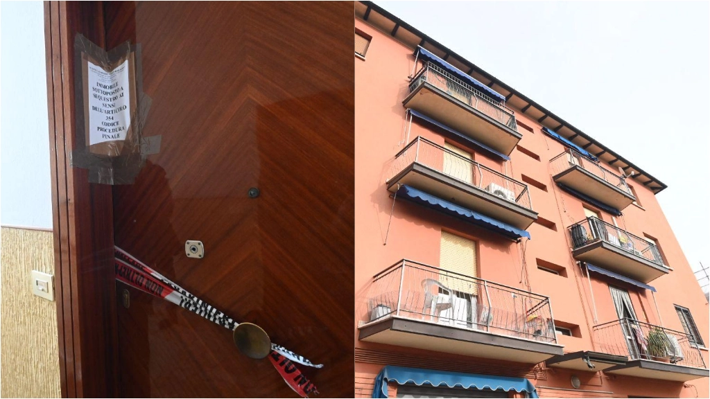 La porta dell'appartamento sotto sequestro e, a destra, l'immobile teatro del delitto a San Giovanni in Persiceto