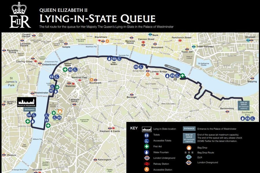 La mappa della coda per arrivare a Westminster Hall diffusa dalle autorità