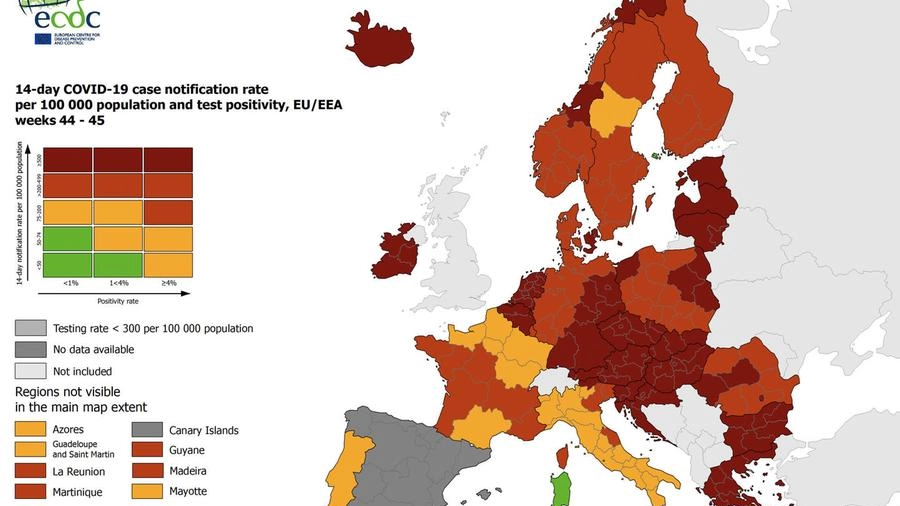 L'Irlanda rosso scuro nella mappa Ecdc sul Covid in Europa (Ansa)