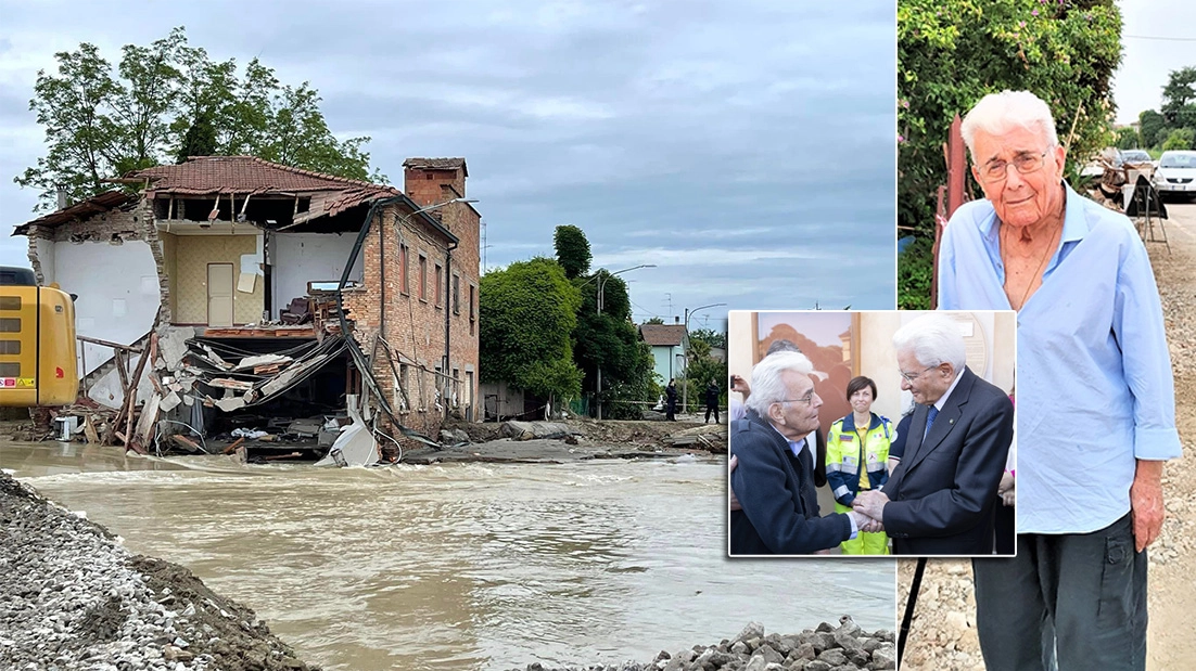 La casa andata distrutta nel giorno dell’alluvione e Parmiani oggi davanti a quella abitazione. Nel riquadro con il presidente della Repubblica Sergio Mattarella