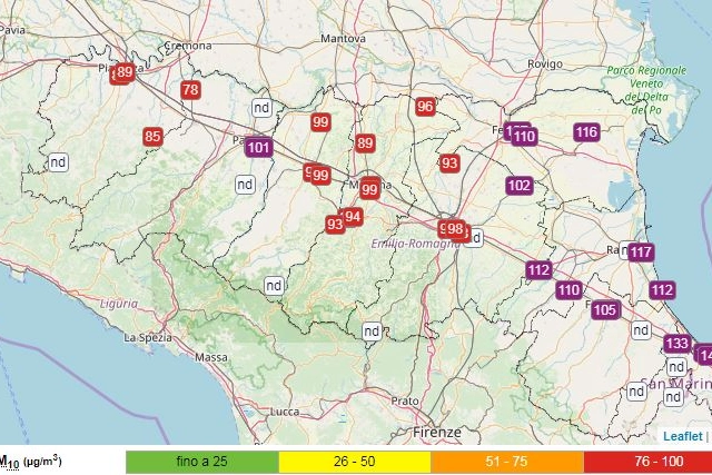 I numeri vertiginosi di pm10 in Emilia Romagna (dati ArpaEr)