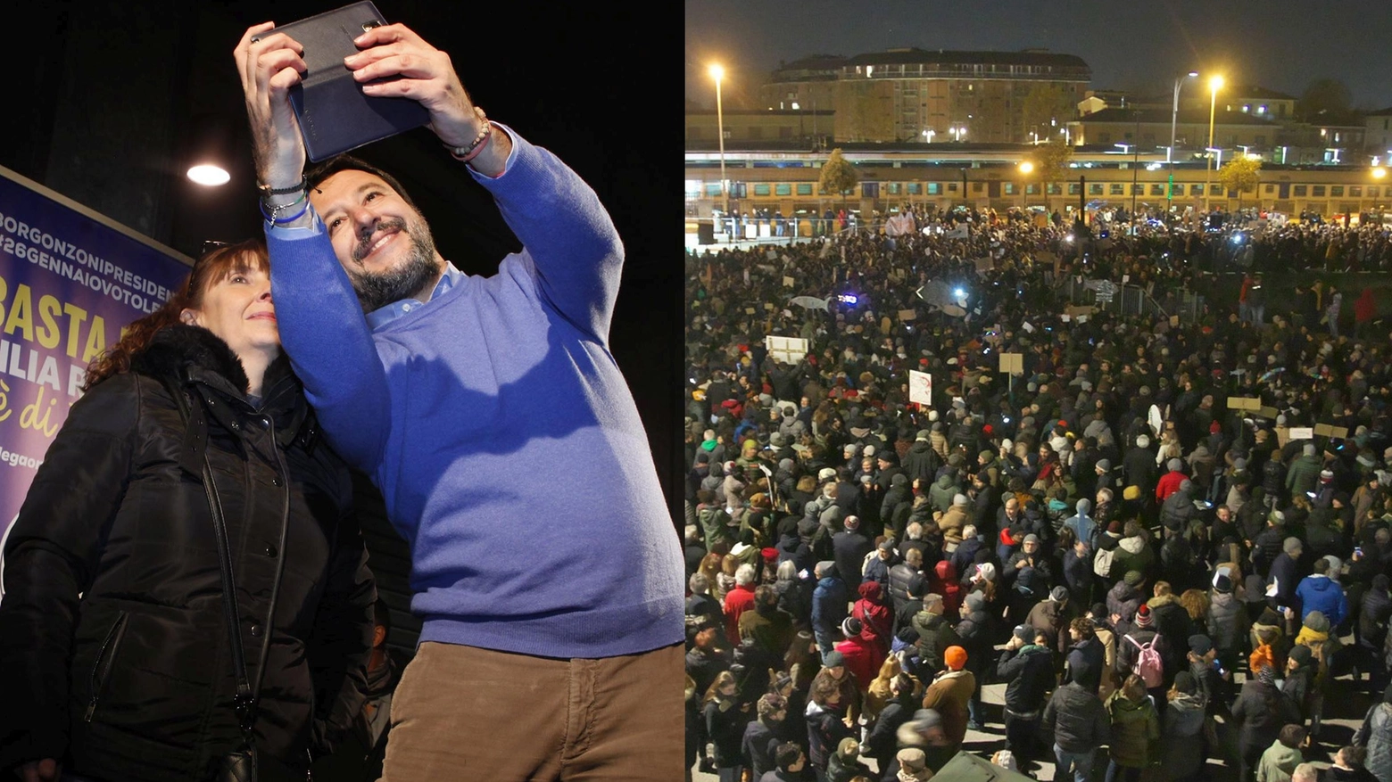 Matteo Salvini e le Sardine a Ravenna (foto Corelli e Zani)