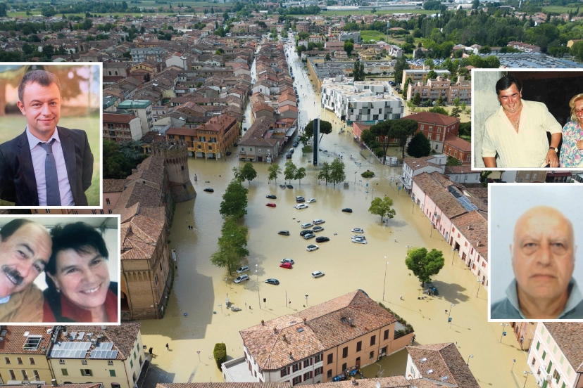 Le vittime dell'alluvione. In alto: a sinistra Fabio Scheda, a destra Sauro Manuzzi e Palma Maraldi. In basso: a sinistra Delio Foschini e Dorotea Dalle Fabbriche; a destra Fiorenzo Sangiorgi
