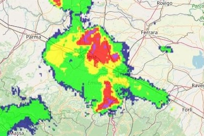 Temporali oggi in Emilia Romagna: il fronte del maltempo (mappa Arpae)