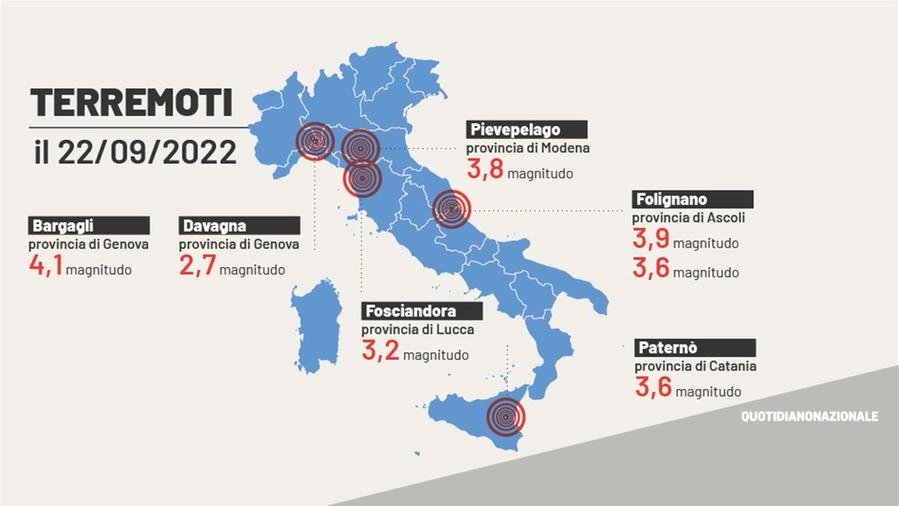 I principali eventi sismici in Italia il 22 settembre 2022