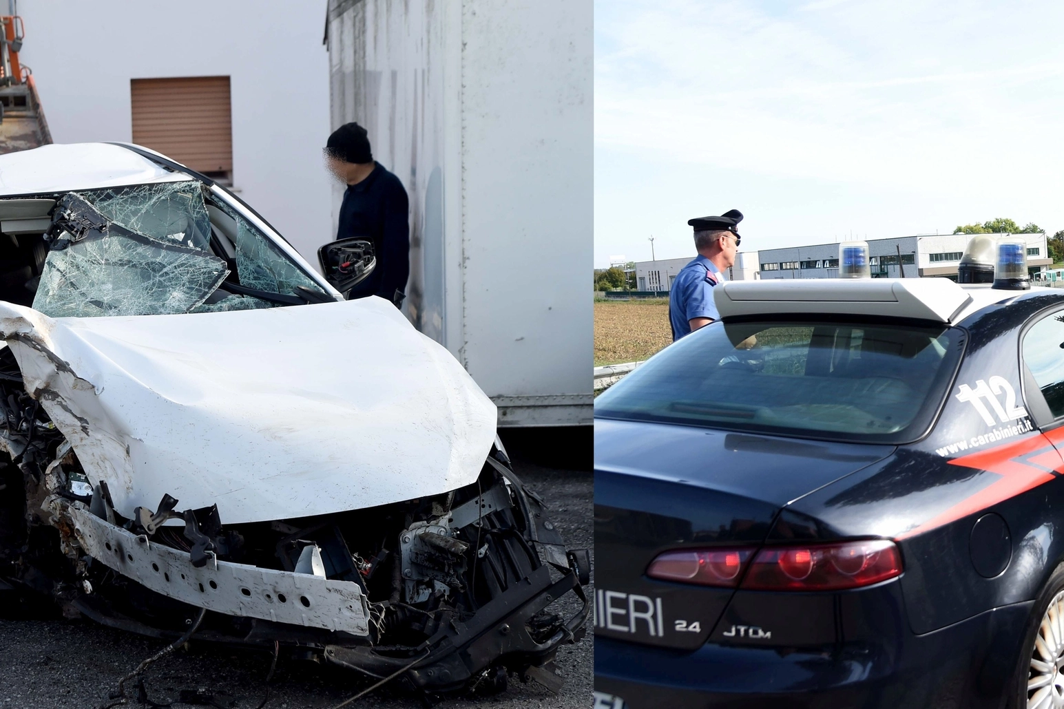 Vigarano, morti 3 amici. A sinistra l'auto, a destra il luogo dell'incidente (Foto Bp)