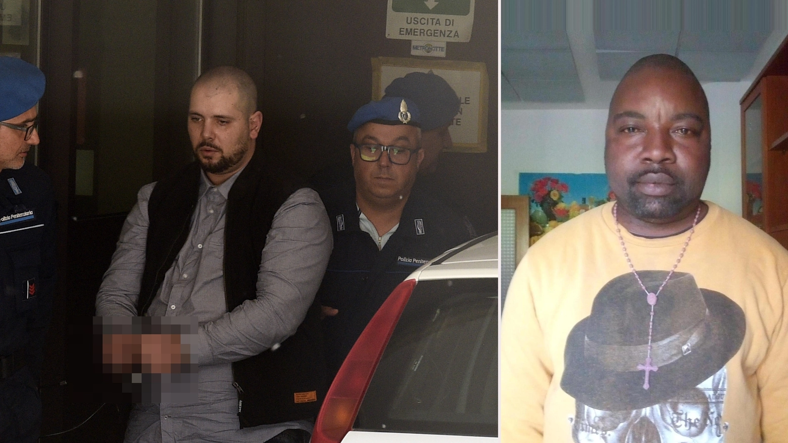 L’arrivo in tribunale del salernitano Filippo Ferlazzo, 33 anni e a destra Alika Ogorchukwu, nigeriano di 39 anni ucciso il 29 luglio scorso a Civitanova