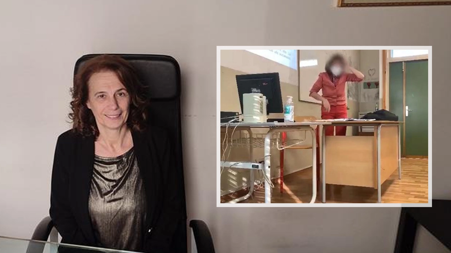 La docente Maria Luisa Finatti e un fermo immagine tratto dal video dell'aggressione con dei proiettili di gomma