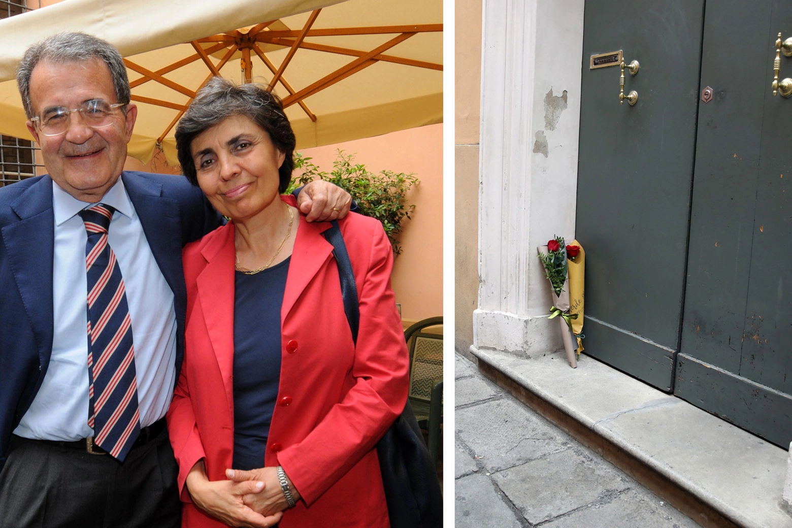 Flavia Franzoni, morta martedì a 76 anni, con il marito Romano Prodi. Un mazzo di fiori appoggiato al portone sotto casa Prodi, in via Gerusalemme