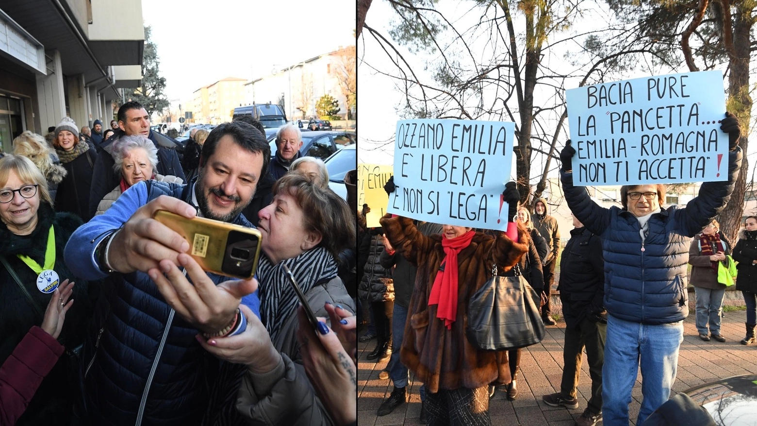 Ozzano, Salvini con i sostenitori. A destra i contestatori (FotoSchicchi)