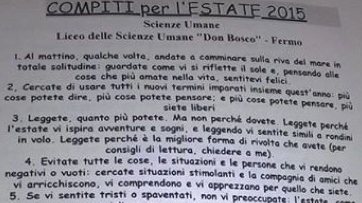 I compiti delle vacanze assegnati dal prof Cesare Catà, insegnante al Liceo delle Scienze Umane “Don Bosco” di Fermo