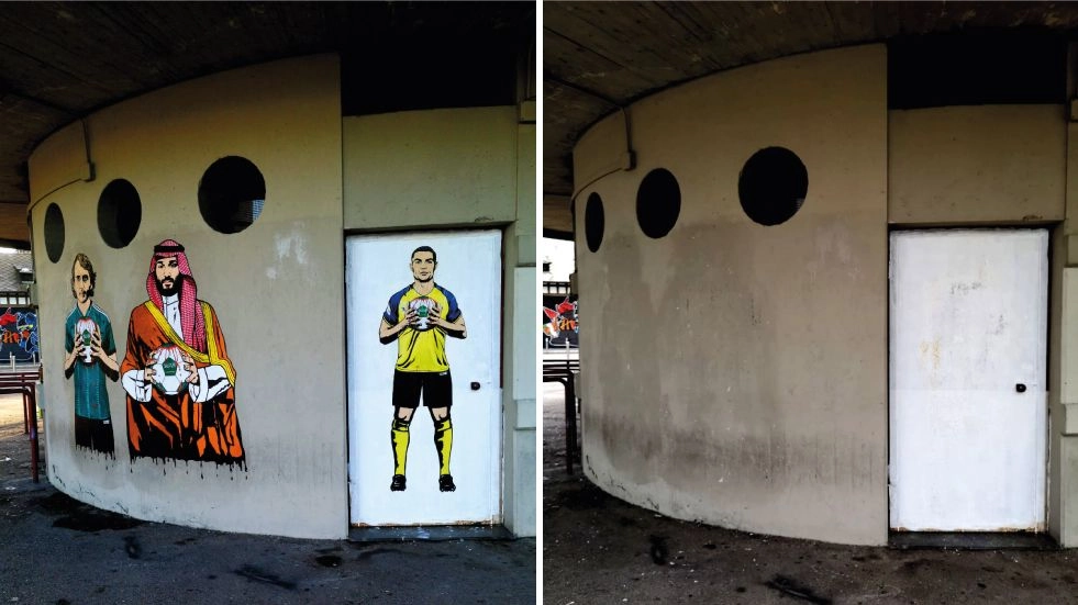 Il murales choc contro Mancini con il pallone insanguinato è stato rimosso, nella foto il prima e il dopo