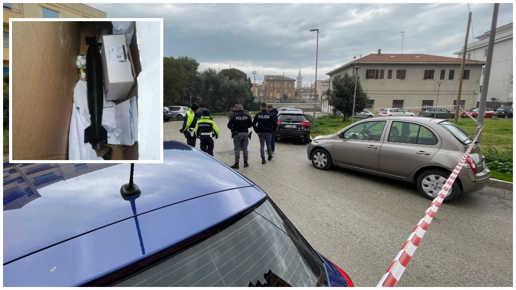 Allarme bomba a Civitanova, sul posto la polizia che ha recintato la zona; nel riquadro, il proiettile di mortaio rinvenuto
