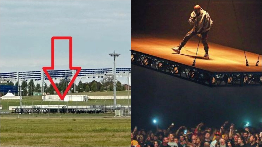A destra il palco sospeso, senza torri, del 2016. A sinistra in alto il palco in Arena
