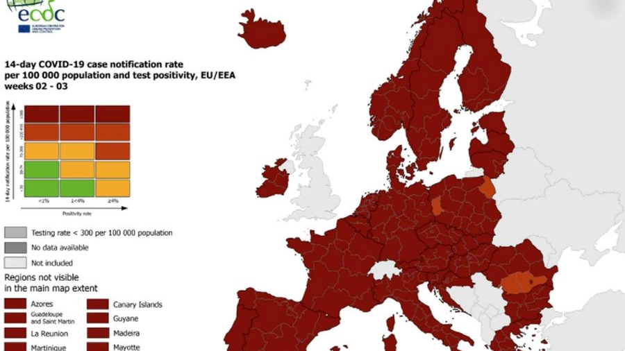 La nuova mappa di diffusione del SarsCov2 nei Paesi Ue (Ansa)