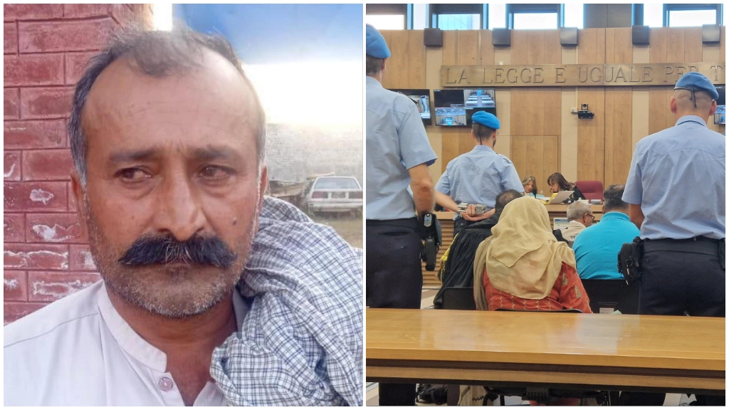Shabbar Abbas di spalle con maglia blu in Tribunale a Reggio Emilia