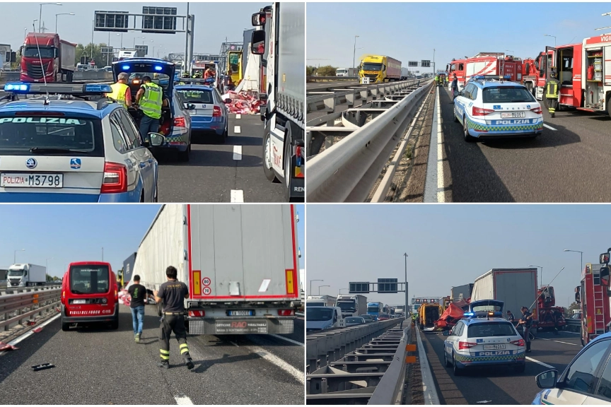 Incidente in A14 a Bologna: coinvolti cinque camion, c'è una vittima