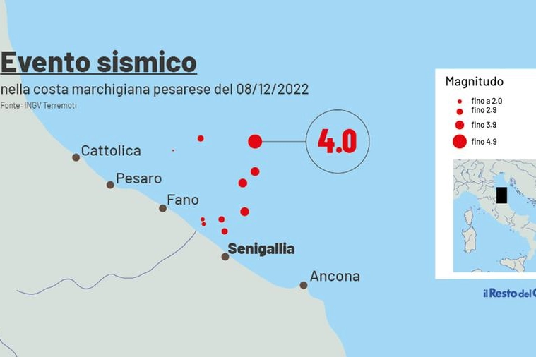 L'epicentro del terremoto delle 8.08 al largo di Pesaro (Ingv)